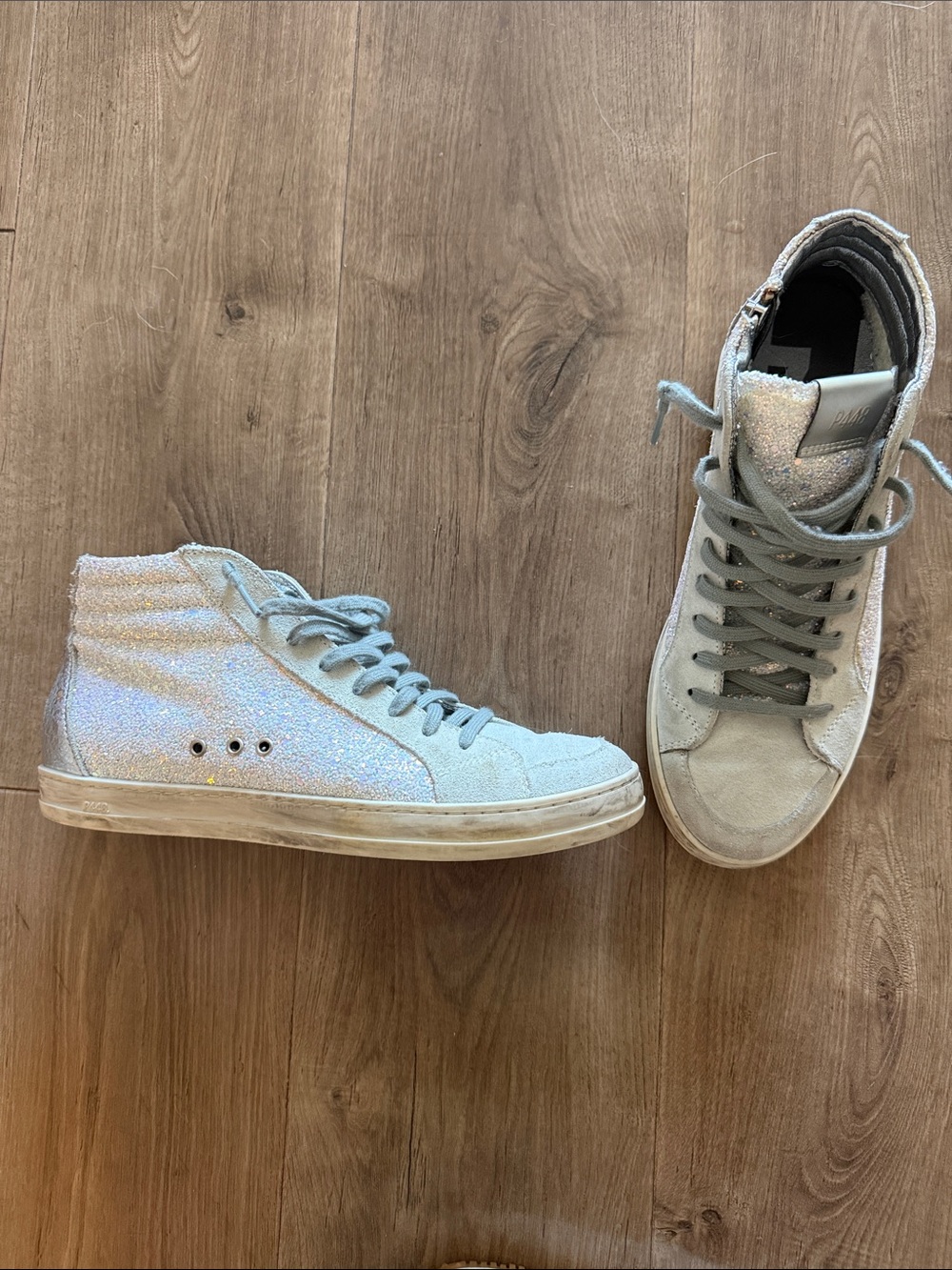 P448 Silver Glitter High-Top Sneakers with Light Gray Suede